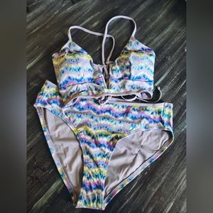 New! Blue Purple Tie Dye Hot Time & True 2 Piece Bikini Swim Suit L